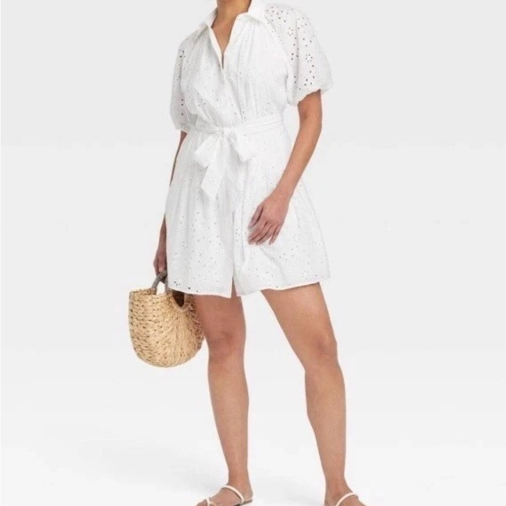 A New Day Eyelet Balloon Puffy Short Sleeve Mini Shirtdress M White shirt Dress